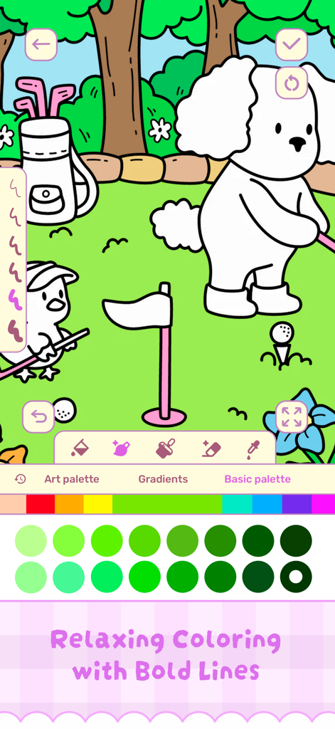 Interfaz de una aplicación de libro de colorear digital que muestra un perro dibujado a mano jugando al golf con una paleta de colores verdes.