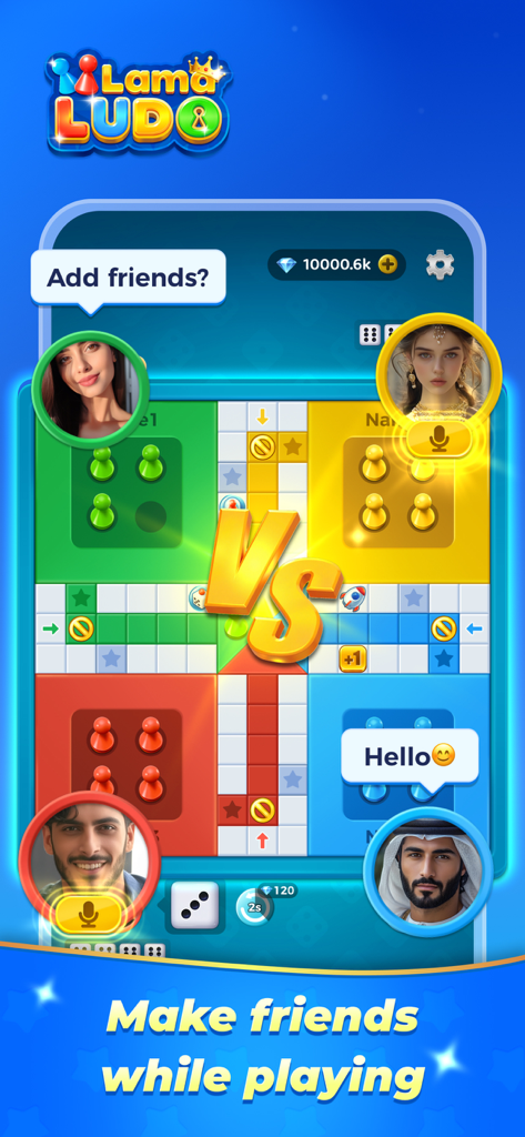 LamaLudo mobile app interface showing a multiplayer board game with voice chat and social interaction features.
