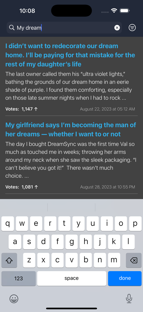 Horror Stories & Scary Stories - A mobile app screen showing a search for 'My dream' with horror story titles and descriptions displayed on a dark background.