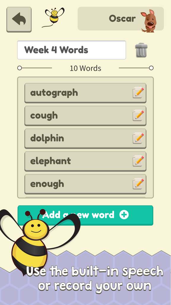 Spelling Assistant : Helping you ace the spelling bee! - Interface of Spelling Assistant app showing a list of words for week four including autograph and elephant.