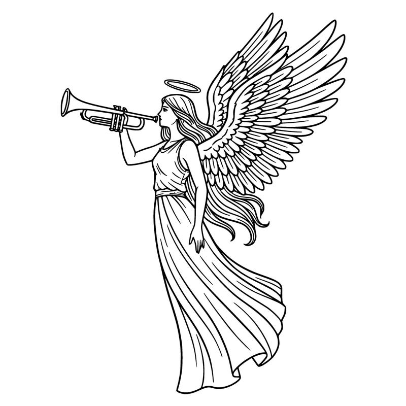 a tall angelic archangel with big wings, long hair and a halo above the head, facing forward, holding a trumpet in the right hand
