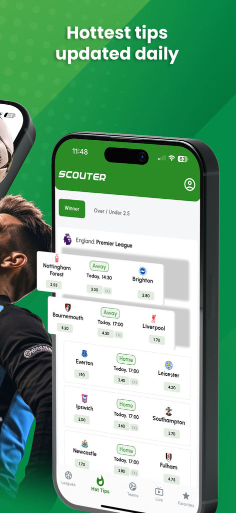 Scouterモバイルアプリのインターフェースにプレミアリーグの試合のための毎日のサッカーベッティングのヒントとAI予測が表示されています