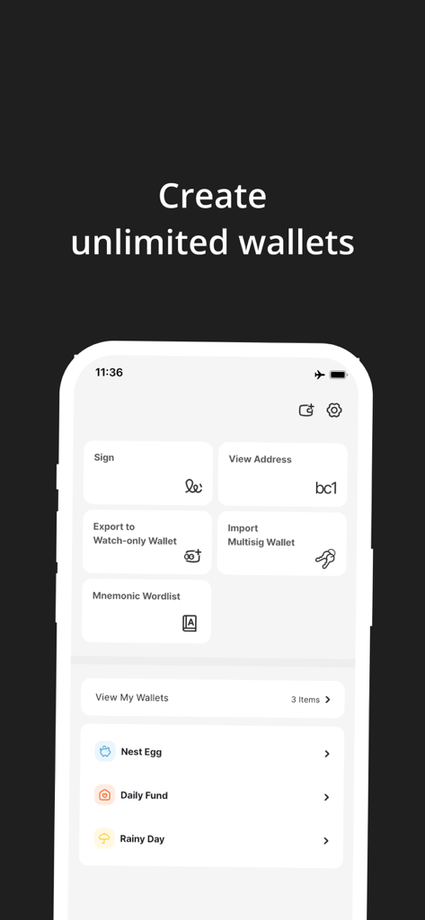 Interface of Coconut Vault app showing a list of multiple created Bitcoin wallets for offline management