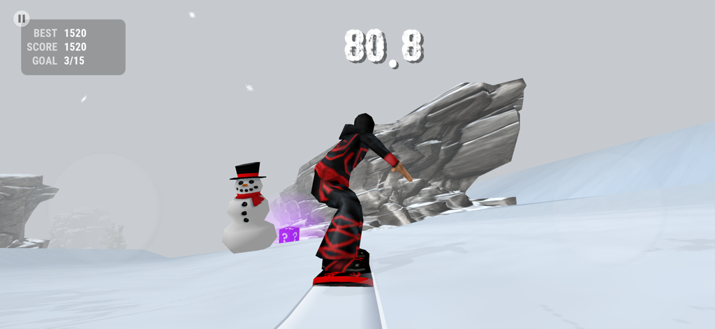 Crazy Snowboard - A character in a red and black suit snowboarding down a snowy slope past a snowman in the Crazy Snowboard game