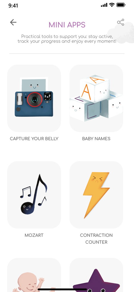 GAIA Pregnancy & Parenting - GAIA app interface showing various pregnancy mini-apps like baby names, contraction counter, and Mozart for babies.