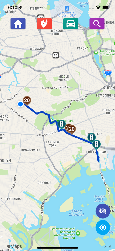 Map interface of the Speed Cameras Radar app showing a navigation route with speed and traffic light camera alerts in New York City.