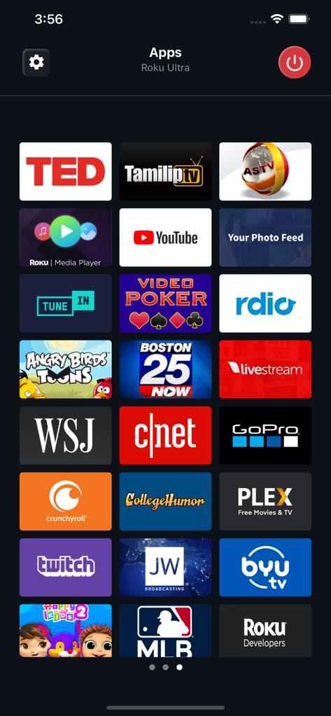 A mobile interface displaying a selection of streaming apps like YouTube and Twitch on a Roku device