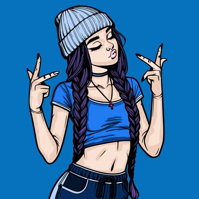 realistic teenage girl with braids and a beanie and crop top doing 🫶🏼