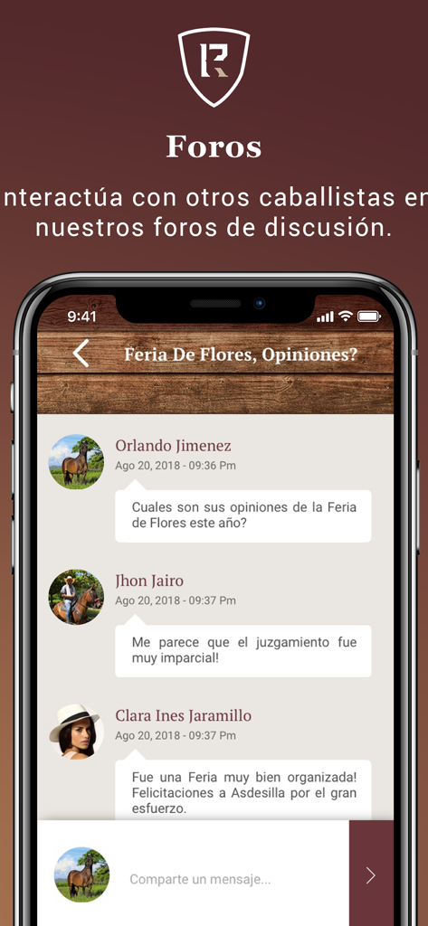 말 애호가를 위한 Andares 앱의 토론 포럼 스크린샷