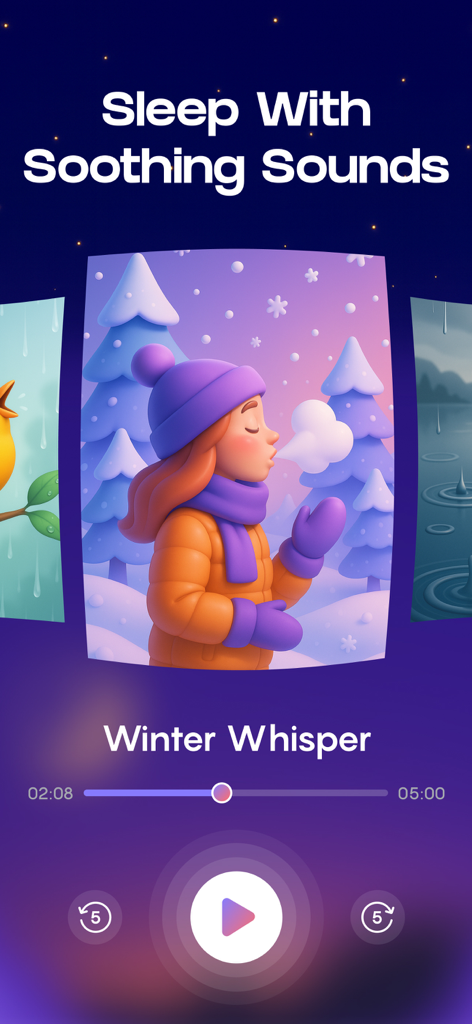 White Noise Sounds For Sleep - ホワイトノイズ・スリープ・サウンド・アプリのインターフェースに、居心地の良い雪景色イラストと共にウィンター・ウィスパー・サウンドプレイヤーが表示されています。