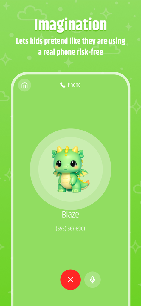 My Magic Phone - Ein gefälschter Anrufbildschirm aus der App Mein magisches Handy mit dem niedlichen grünen Drachencharakter Blaze