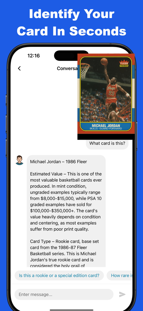 Sports Card Scanner - TCG Scan - App interface identifying a Michael Jordan rookie card and estimating its value