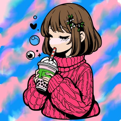 manga girl drinking boba in cozy sweater