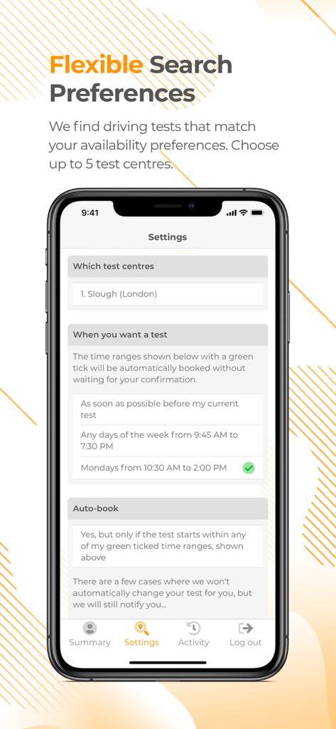 The settings screen of the Driving Test Cancellations App showing flexible search preferences and auto-booking options.