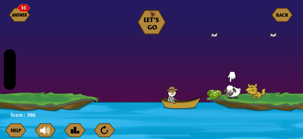 A classic river crossing logic puzzle featuring a man in a boat with a wolf sheep and cabbage on the river bank