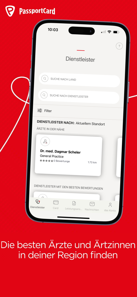 Interface of PassportCard Assist app showing a search tool and list for local medical service providers and doctors