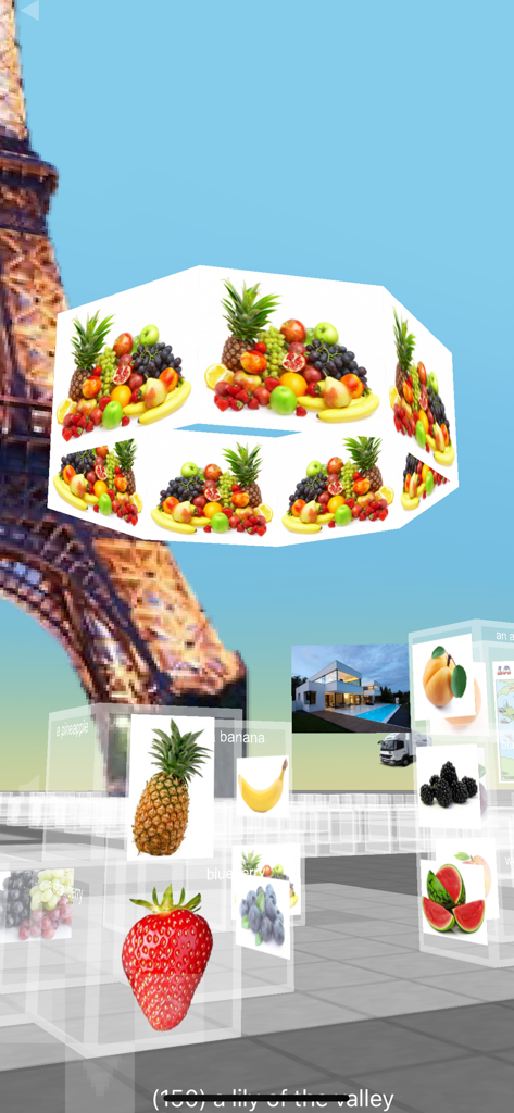 Flashcards by NKO: Flash Cards - A 3D memory palace view in the Flashcards by NKO app featuring interactive fruit flashcards and the Eiffel Tower.
