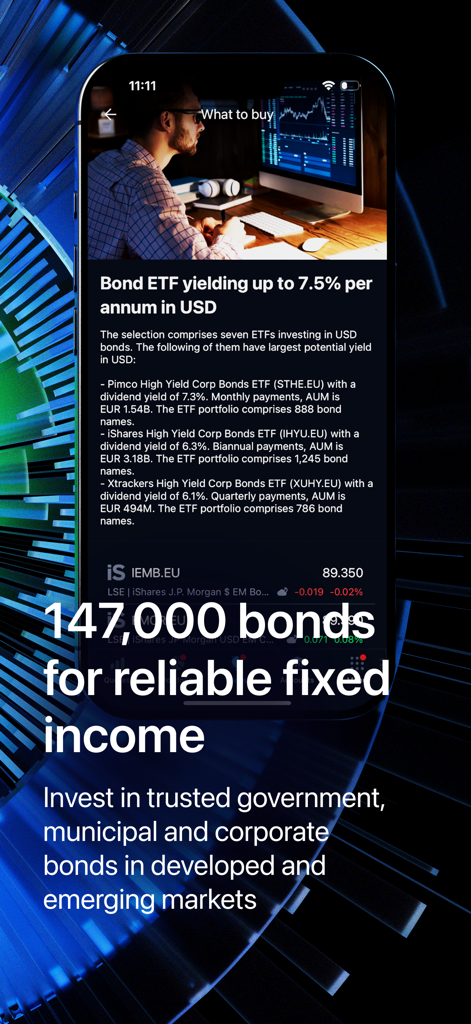 Interfaccia dell'app Freedom24 che mostra i rendimenti degli ETF obbligazionari e le opportunità di investimento a reddito fisso