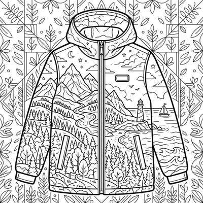 A stylish jacket becomes a canvas for the great outdoors in this intricate coloring template. Journey through majestic mountains, serene forests, and a captivating coastline with every stroke of your color.