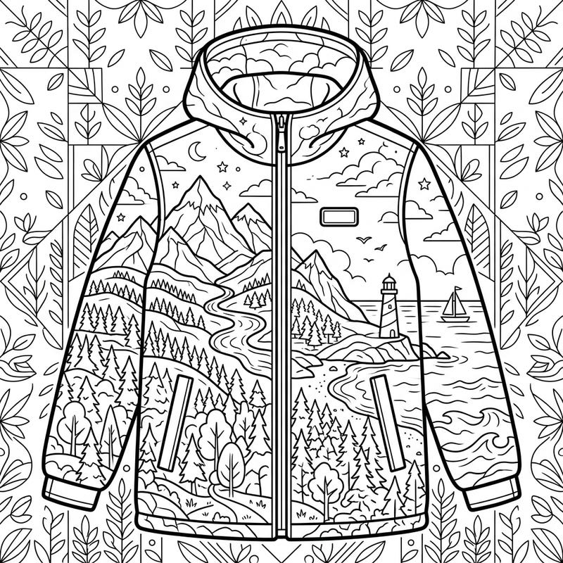 A stylish jacket becomes a canvas for the great outdoors in this intricate coloring template. Journey through majestic mountains, serene forests, and a captivating coastline with every stroke of your color.
