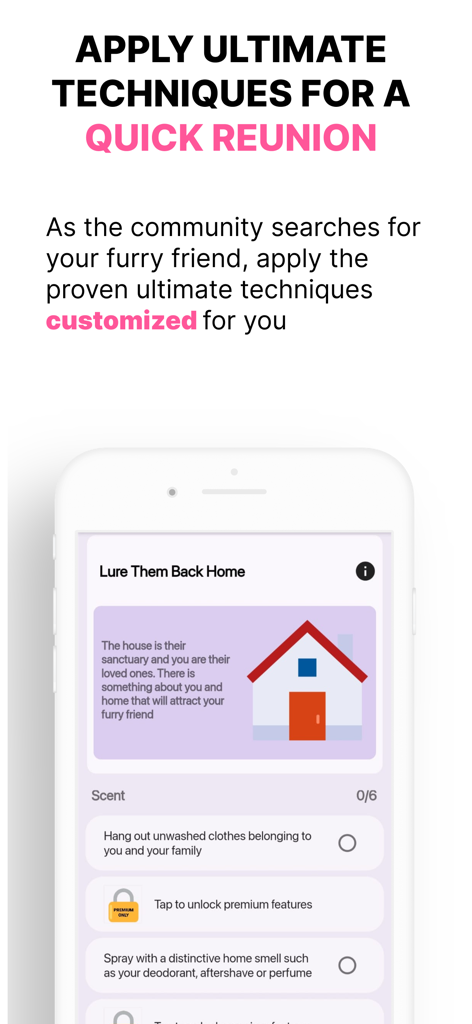 Paw Guide: Lost & Found Pets - Screen showing customized scent techniques to lure a lost pet back home.