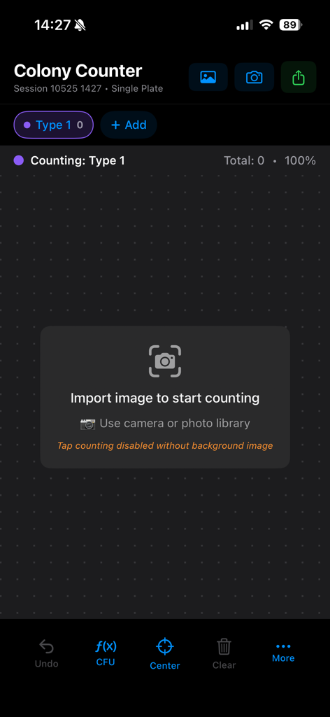 Colony Counter PRO - Main interface of the Colony Counter PRO app showing a prompt to import an image of a petri dish to start counting colonies.