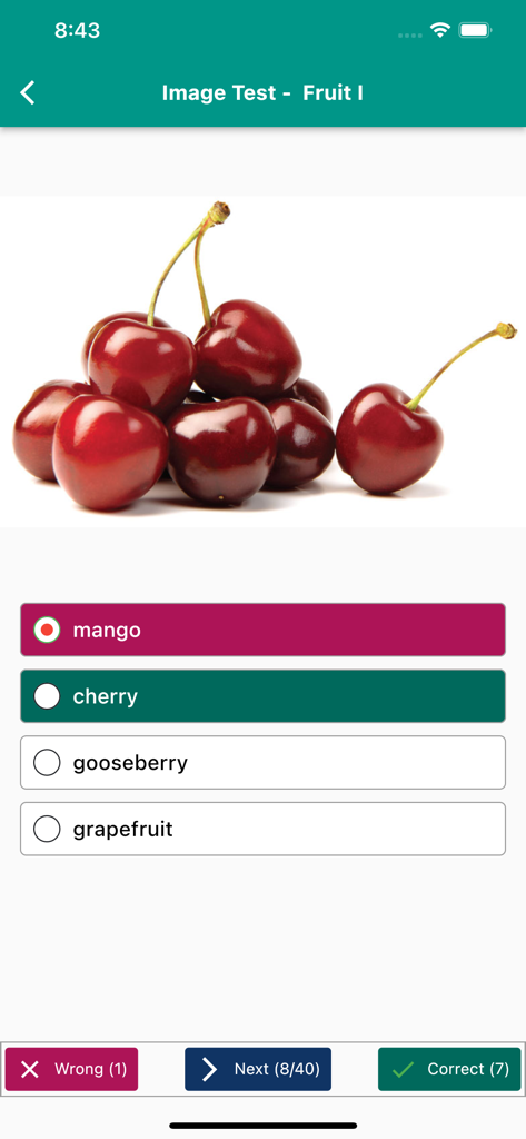English Vocabulary in Use - English Vocabulary in Use app screen showing a multiple choice image test for fruit