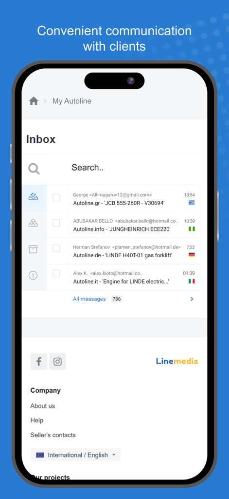Autoline - Interface da caixa de entrada do aplicativo Autoline mostrando mensagens de clientes internacionais sobre máquinas pesadas.