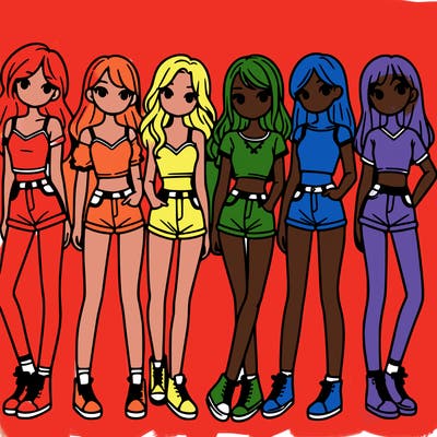 a group of girls wearing crop tops and shorts