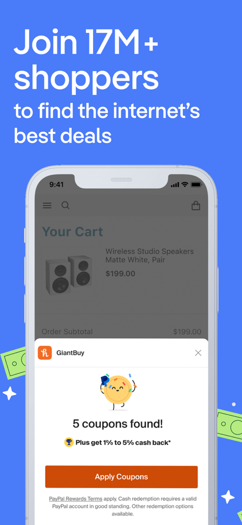 PayPal Honey: Coupons, Rewards - Interface de l'application mobile PayPal Honey affichant cinq coupons trouvés pour les achats en ligne.
