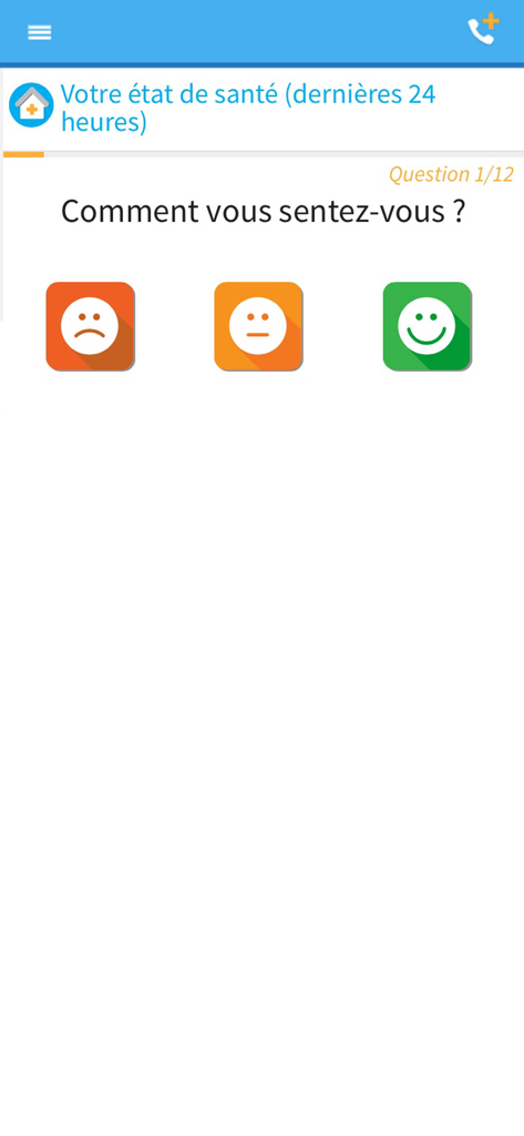 engage, suivi patient connecté - Pesquisa de status de saúde do paciente com ícones de humor no aplicativo engage