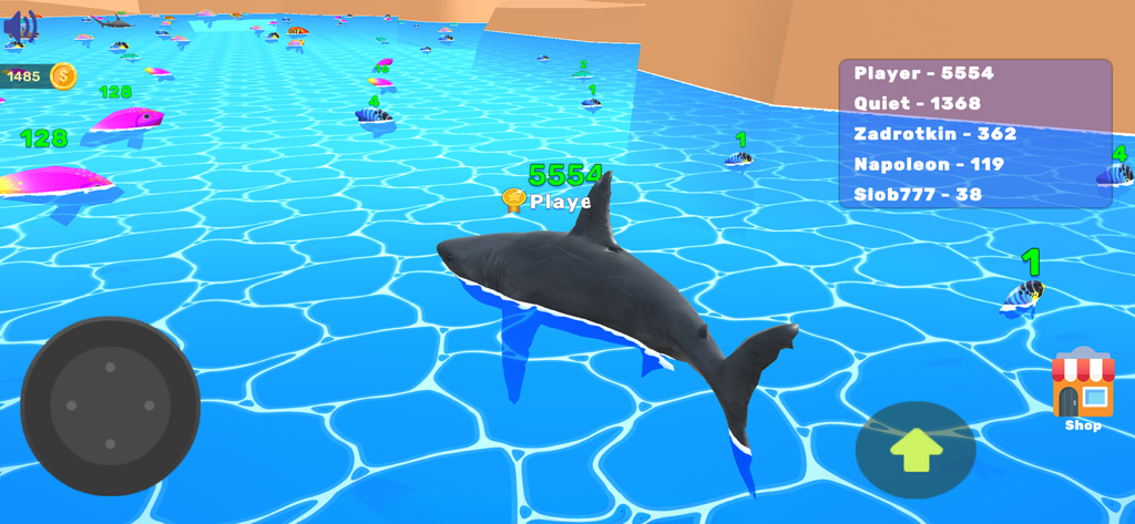 Tiburón nadando en agua azul rodeado de peces coloridos en la jugabilidad de Fish it Game