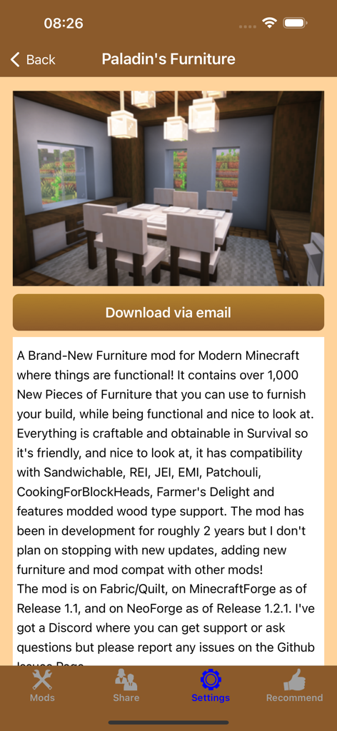 In-app screen showing a modern Minecraft dining room setup with a functional furniture mod description