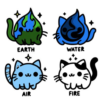 4 cats that represent the different elements, earth, water, air, and fire