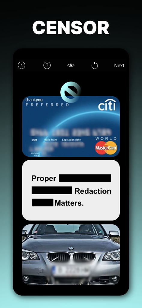 Blur Photo Effect Background - App-Benutzeroberfläche, die das Unkenntlichmachen einer Kreditkarte und eines Autokennzeichens sowie die Verwendung schwarzer Zensurbalken auf Text zeigt.