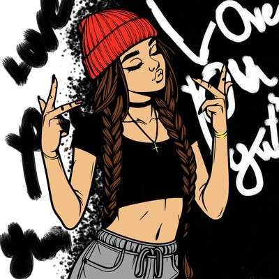 realistic teenage girl with braids and a beanie and crop top doing 🫶🏼