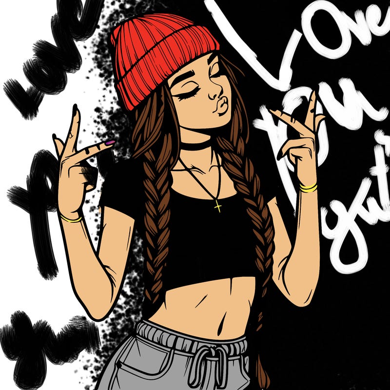 realistic teenage girl with braids and a beanie and crop top doing 🫶🏼