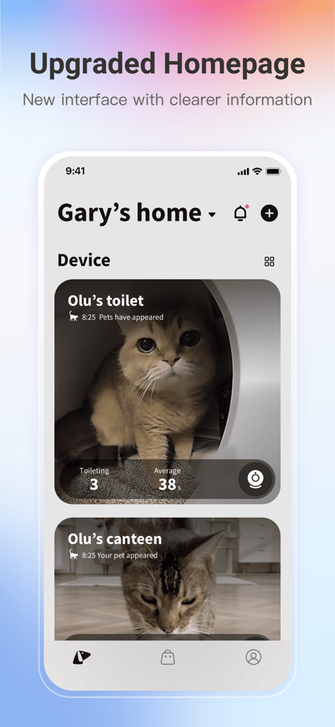 PETKIT app upgraded homepage showing smart pet device monitoring for a litter box and feeder with activity data