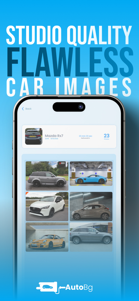 Interfaz de la aplicación AutoBg mostrando una galería de fotos de coches con fondos de estudio profesionales
