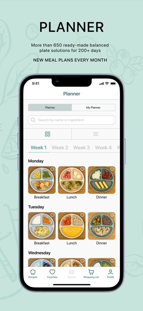 Weekly meal planner interface in the Baby Plates app showing balanced recipes for breakfast lunch and dinner