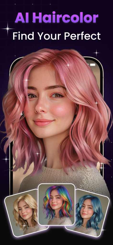 AI Photo Enhancer - AI Enhance - AI 사진 편집 앱 인터페이스가 분홍색, 파란색, 무지개 색 머리를 가진 여성의 모습을 보여주는 모습