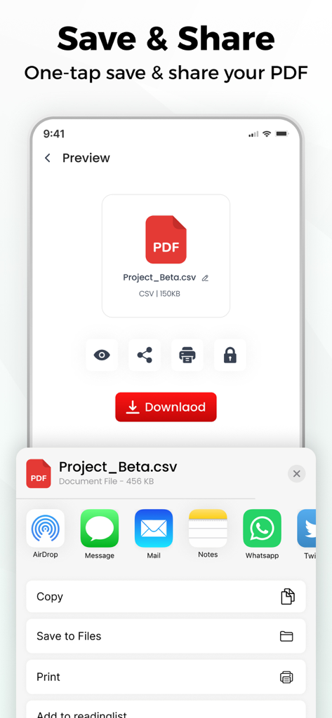 Tela do iPhone exibindo as opções de salvar e compartilhar um documento PDF convertido no aplicativo Excel para PDF.