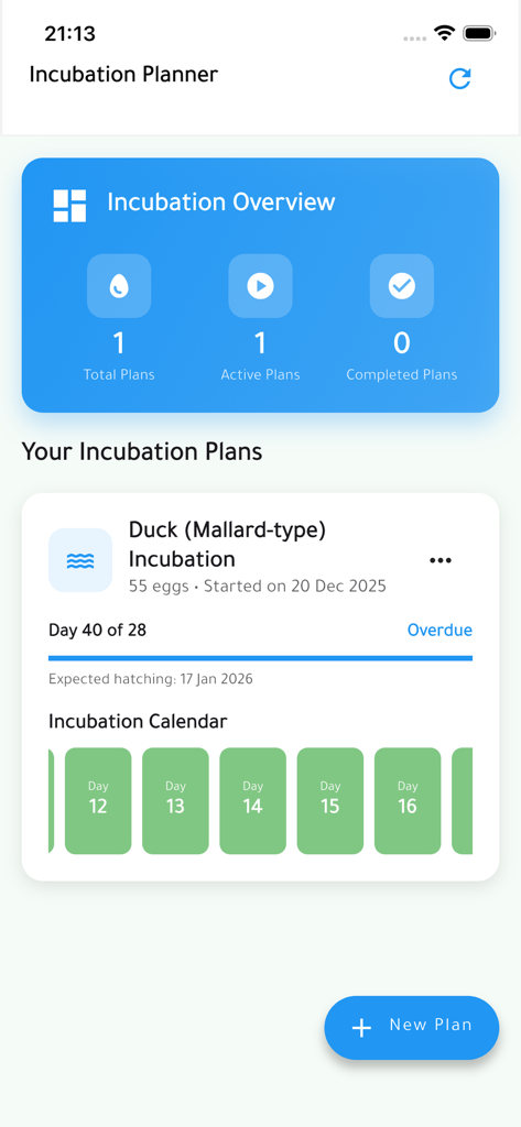 Tableau de bord de l'application mobile pour le planificateur d'incubation Flipa, montrant la progression de l'éclosion des œufs de canard.