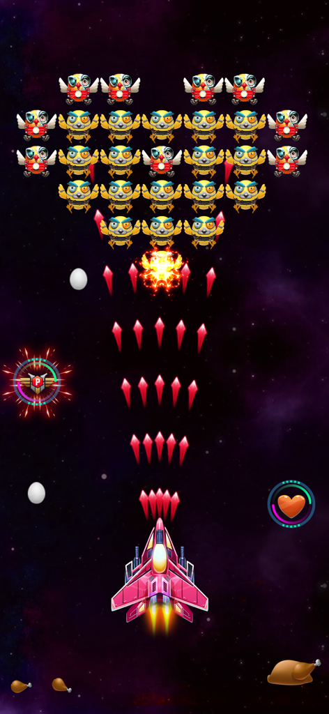 Galaxy Attack: Alien Invaders - A pink spaceship firing red projectiles at a fleet of robotic alien chickens in a space-themed arcade game.
