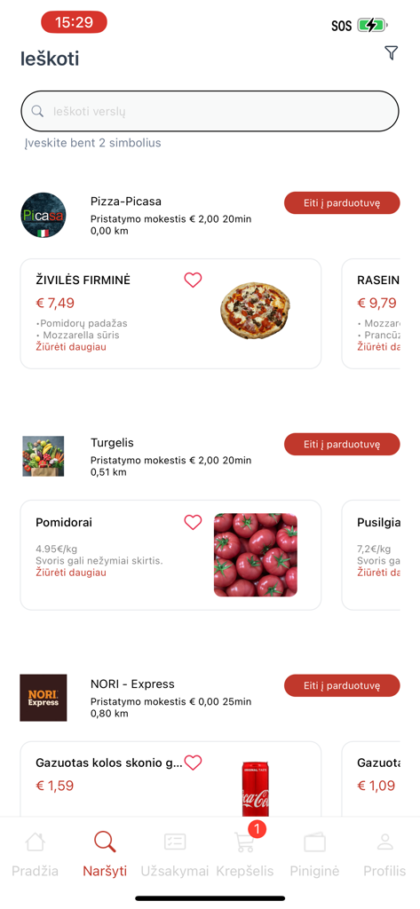 Pantalla de búsqueda de la aplicación móvil NORI Delivery que muestra listados de restaurantes y tiendas de comestibles locales.