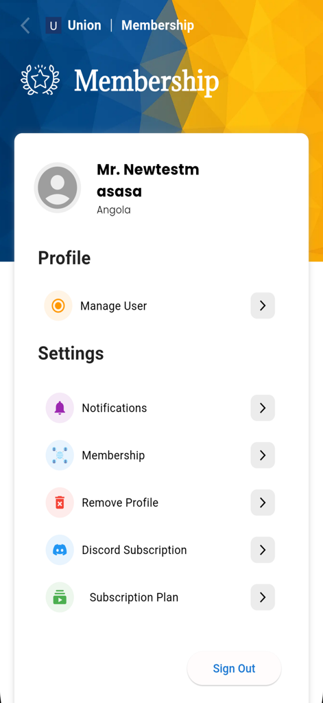 The Union Membership - User profile and settings screen of The Union Membership app showing management options like notifications and subscriptions