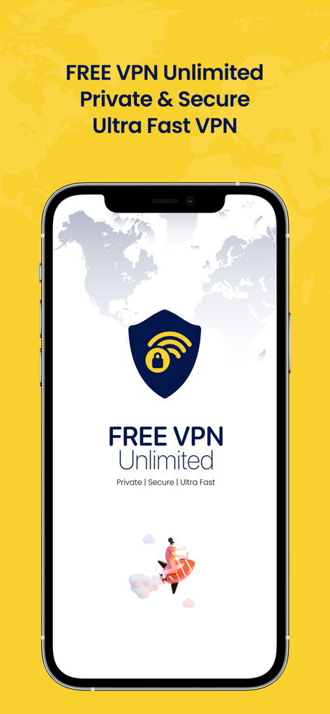 Pantalla de smartphone mostrando la aplicación VPN Ilimitado Gratuito con un icono de escudo y fondo de mapa mundial