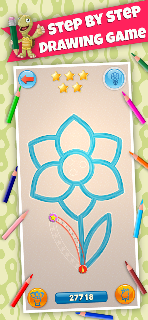 BeeArtist - Learn to Draw Easy - Screenshot of the BeeArtist app showing a child learning to draw a flower with step-by-step guides