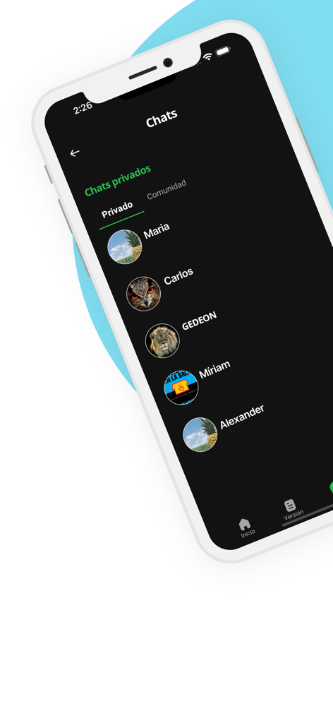 BibliaChat - Pantalla de lista de chats privados de la app BibliaChat en modo oscuro