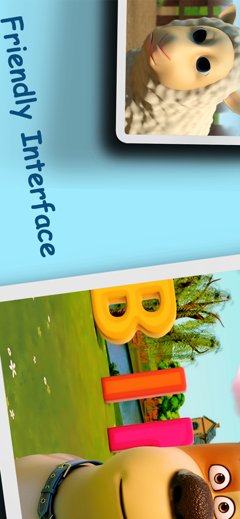 Écran promotionnel de l'application BabaSharo Kids présentant une interface conviviale avec des personnages de moutons et de chiens animés.